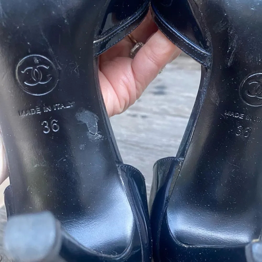 Chanel Chaus Ouvertes Noir Black Patent Heels Size 36 in navy